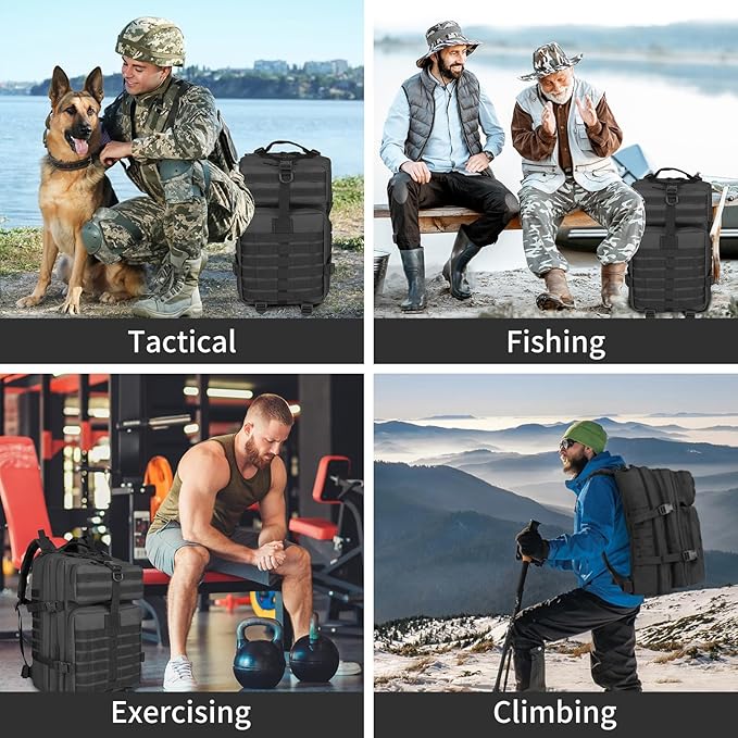45l Large Fishing Tackle Backpack with Removable Plier Holder & Rod Holders, Black Tactical Bag, Fishing Gear and Tackle Box Organizer, Hiking Rucksack without Tackle Box