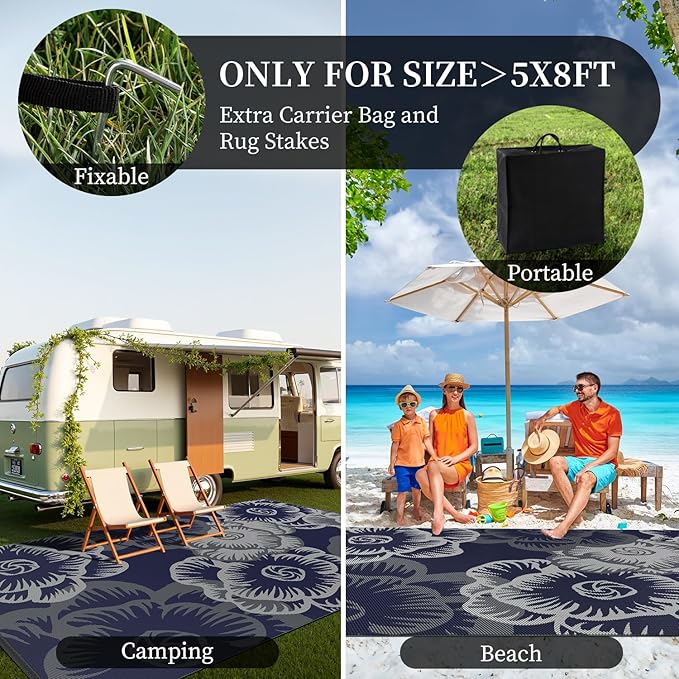 MontVoo Outdoor Rug-Waterproof Patio Rug Mat 6x9 Outdoor Carpet Mat Reversible Plastic Straw Outside Outdoor Rug for RV Camping Picnic Beach Balcony Backyard Pool Deck Farmhouse Floral Navy Blue