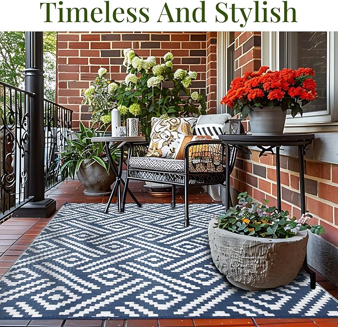 OPPODREAM Outdoor Rug 8x10 Patio Waterproof, Large Outdoor Plastic Straw Rug, Reversible Out Door Carpet for Camping, Deck, Rv, 8 x 10 Area Carpet for Balcony, Porch, Backyard, White and Navy Blue