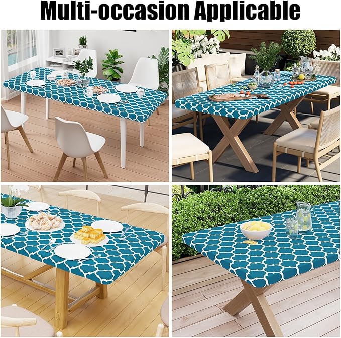 Smiry Rectangle Picnic Table Cover, Waterproof Elastic Fitted Camping Tablecloths for 8 Foot Tables, Wipeable Flannel Backed Vinyl Tablecloth Protector for Indoor, Outdoor (Turquoise, 36x96 Inches)