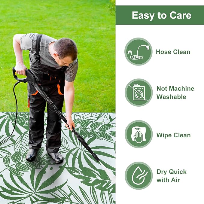 Anidaroel Leaf Outdoor Rugs 8x10ft for Patios Clearance Waterproof, Reversible Tropical Plastic Straw Camping Mat Outside Area Rug for RV, Backyard, Deck, Balcony, Picnic, Beach(Green,8'x10')