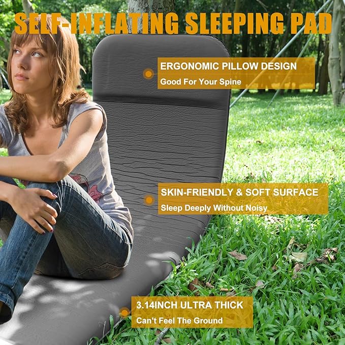 Self Inflating Sleeping Pad with Electric Pump, 3.14" Ultra-Thick Memory Foam Camping Mattress Pad with Pillow Fast Inflating in 30s,9.5 R-Value Insulated Camping Pad for Camping Car Travel, LightGrey