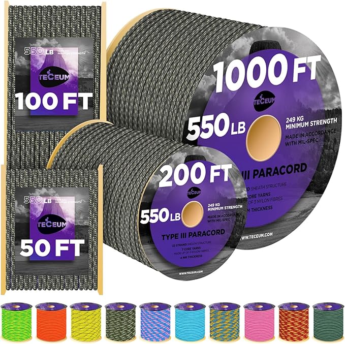 TECEUM Heavy Duty Rope 1000 – 1000ft / 200ft / 100ft / 50ft – 40+ Colors – Utility Rope for Survival & Camping Gear – Nylon String, Camping Rope, para Cord, Utility Nylon Rope, Tent Cord