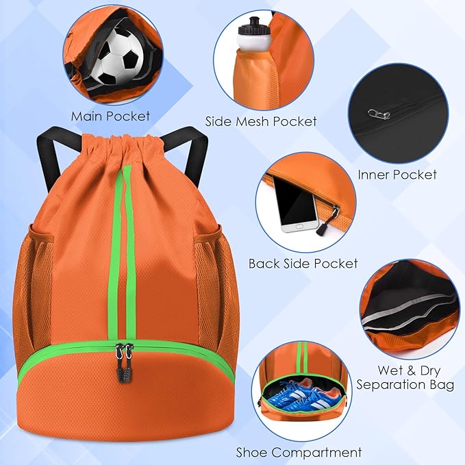 BROTOU Soccer Bags, Football Backpack, Volleyball Bag, Drawstring Soccer Backpack with Ball and Shoe Compartment