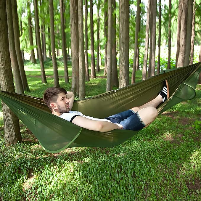 LFL Camping Hammock with Mosquito Net, Hammocks with 13ft Tree Straps Carabiners, Automatic Quick Open Outdoor Portable Hammock, Nylon Parachute Material Outside Hammocks (Black)