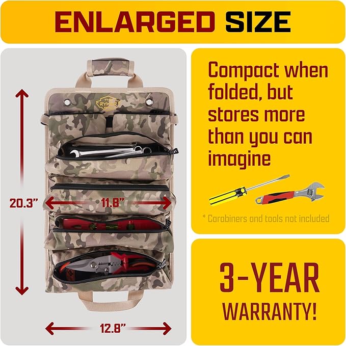 The Ryker Roll Up Tool Bag Organizer Gifts for Dad. Heavy Duty Motorcycle Tool Roll Bag Organizer. Portable Rollup Toolbag w/Detachable Pouches - Tools Bags Mens gifts for him/Mechanic - Camouflage