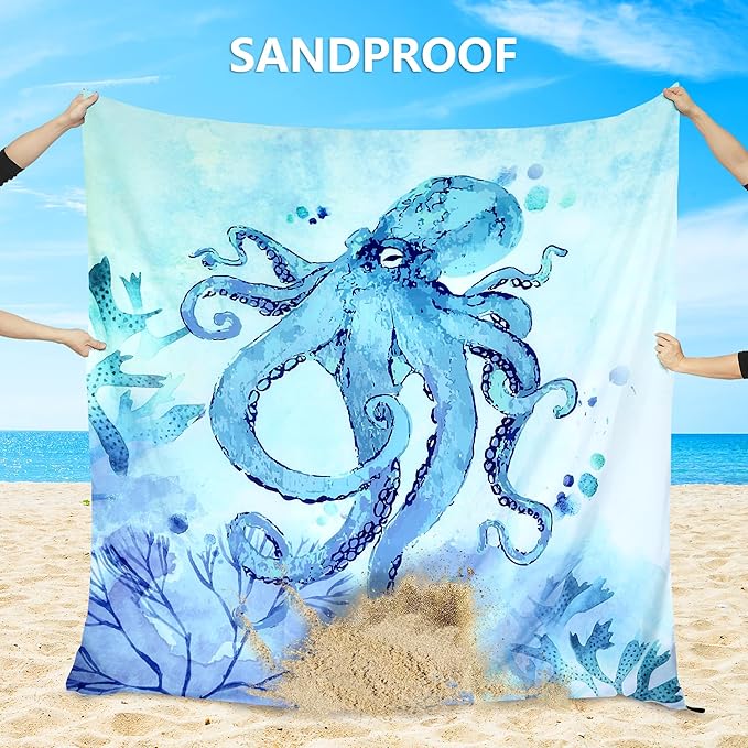 Beach Blanket, Wateresistant Sandproof Sand Free Beach Mat with Corner Pockets Portable Bag for Beach Festival,Picnic,Travel and Outdoor Camping Activties (BL-Octopus, 79"×83"(4 Person))