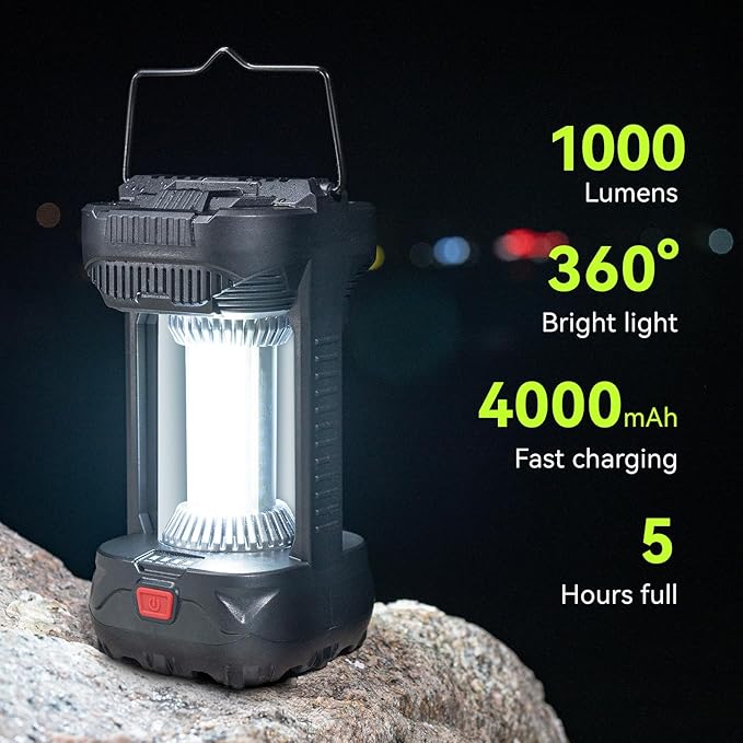 AlpsWolf 1000 Lumens Rechargeable Camping Lantern - 4000mAh Phone Charger, IPX4 Waterproof, 4 Light Modes & SOS Strobe, LED Lantern for Camping, Power Outage, Emergencies (1 Pack-Black)