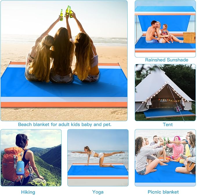 BYDOLL Beach Blanket Waterproof Sandproof 78''×81'' 1-7 Adults Oversized Lightweight Large Picnic Mat Waterproof Sandproof Blanket for Beach