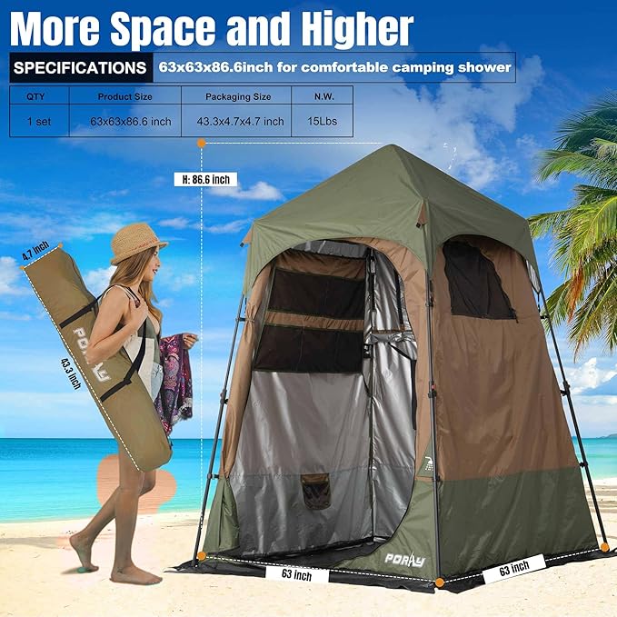 Portable Camping Shower Tent Deluxe Changing Room with Shower Bag Easy Set Up Privacy Shelter,Large Toilet Tent with Floor Drain Design for Beach,Camping,Hiking with Stakes and Ropes for Stability