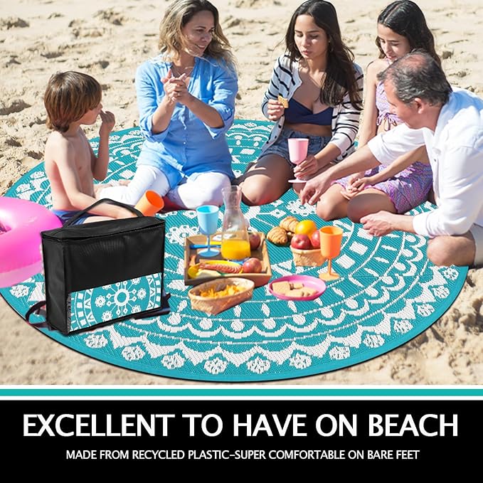 Capslpad 8Ft Round Outdoor Rug for Patio Clearance Boho Reversible Mat Waterproof Outdoor Plastic Straw RV Camping Rug Outside Circle Area Rug for Porch Deck Terrace Picnic Beach Apartment, Teal