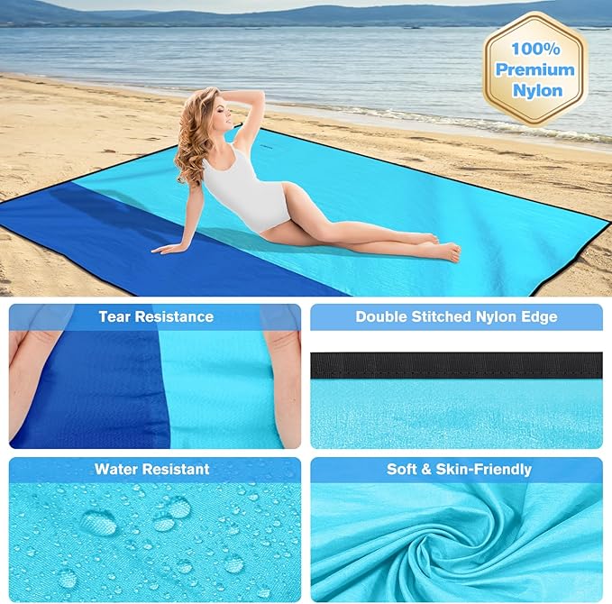 Beach Blanket Waterproof Sandproof Large Beach Mat 79" X 87", Quick Drying Durable Portable Lightweight Outdoor Nylon Picnic Blanket for Travel Camping Hiking, Blue