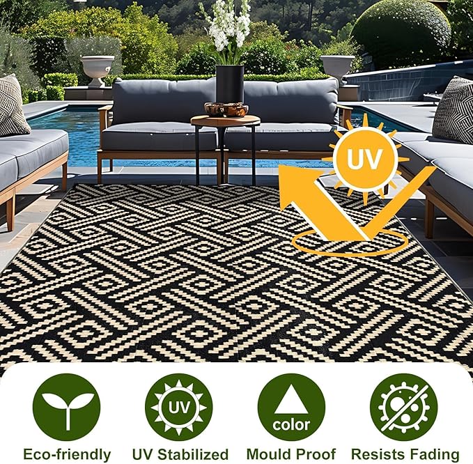 OPPODREAM Outdoor Rug 5x8 Ft, Waterproof Outdoor Plastic Straw Rug for Patio, Reversible Out Door Carpet for Camping, Deck, Rv, 5 x 8 Area Carpet for Balcony, Porch, Backyard, Black and Beige