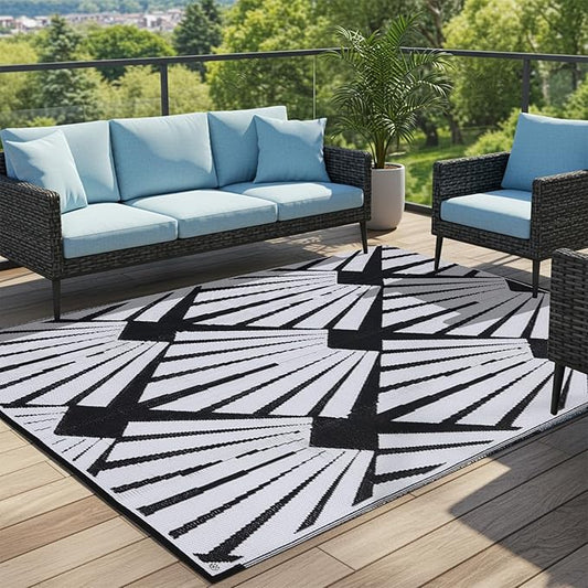 Outdoor Rug for Patio, 5x8 Ft Reversible Outdoor Plastic Straw Rug Waterproof Foldable Camping Mat with Uv Protection, Quick-Dry Straw Patio Carpet for Deck Rv Porch Backyard - Black&White