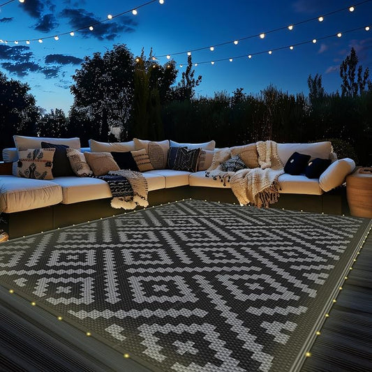 GENIMO Outdoor Rug with LED Strip Lights, 6'x9' Waterproof Camping Mat, Reversible Plastic Straw Rugs for Patio, RV, Camper, Balcony, Backyard, Picnic, Deck, Black & Gray