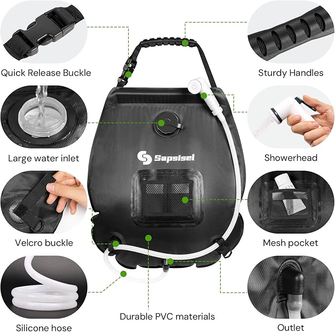 sapsisel Camping Shower Bag, 5 Gal/20L Solar Heating Camping Shower with Upgraded Hose and Shower Head,Portable Shower for Camping,Solar Shower