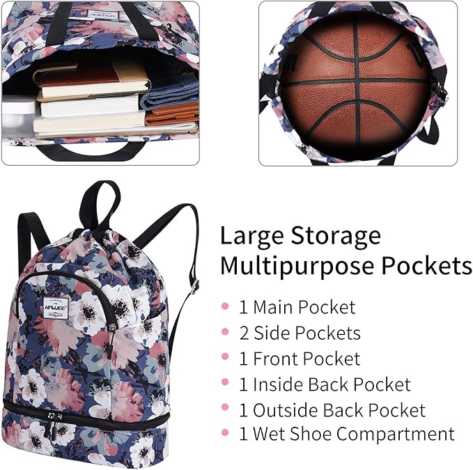 Dry Wet Drawstring Backpack with Shoe Compartment for Women Adjustable Gym Bag