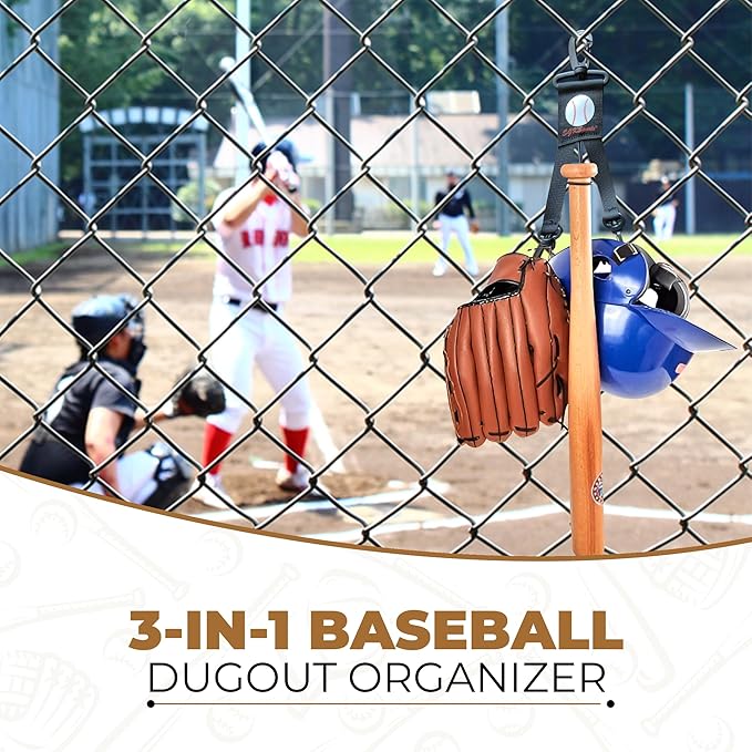 Baseball Softball Gear Hanger - 3 in 1 Dugout Organizer and Bat Holder with 2 Clips - Versatile Hiking and Camping Accessories