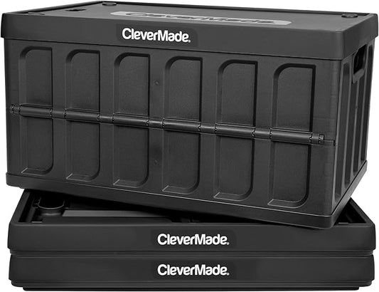 CleverMade Collapsible Storage Bins with Lids- Obsidian 3 Pack 62L - Plastic Containers Stackable Organization Crates Home Closet Space-Saving Durable