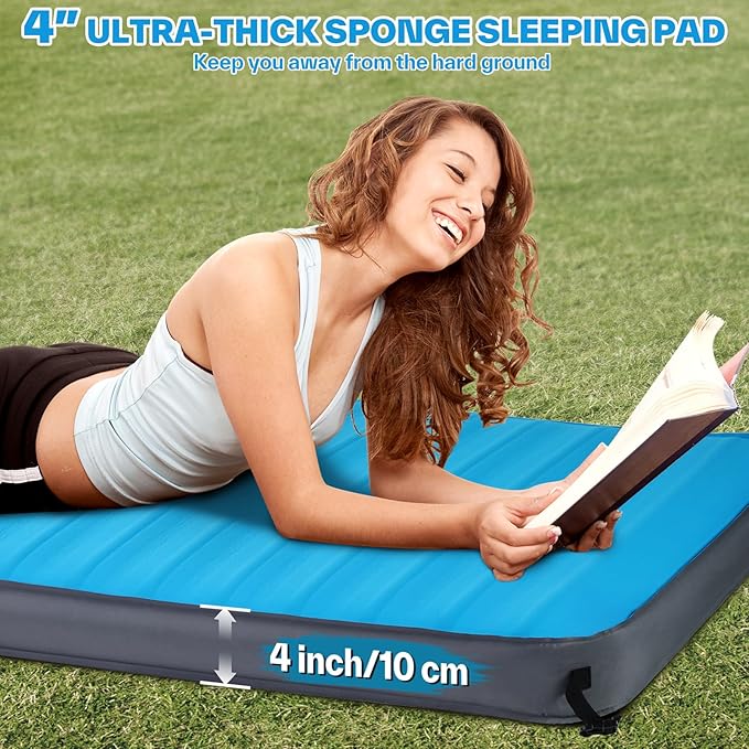 Sportneer Self Inflating Sleeping Pad, 4" Ultra-Thick Elasticity Foam Camping Mat with 10 R Value, 4-Season Insulated Durable Camping Pad Air Mattress for Car Travel Tent Home, 78" x 30"