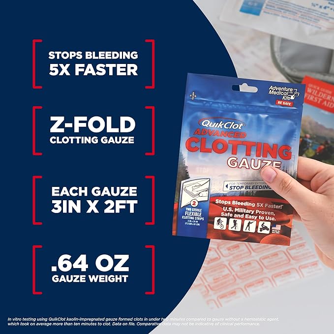 Adventure Medical Kits QuikClot Gauze - for Emergency Survival Kit, Doomsday Prepping Supplies & More - Stops Bleeding Fast with Kaolin - Flexible Hemostatic Medical Gauze - 3" x 24" (2 Strips)