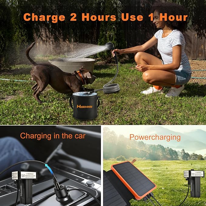 Portable Shower Camping Outdoor Camp Shower Pump, Rechargeable Battery Powered Shower 2 Head with Foldable Collapsible Bucket, Large Water Flow for Hiking, Traveling, Beach Washing Cleaning