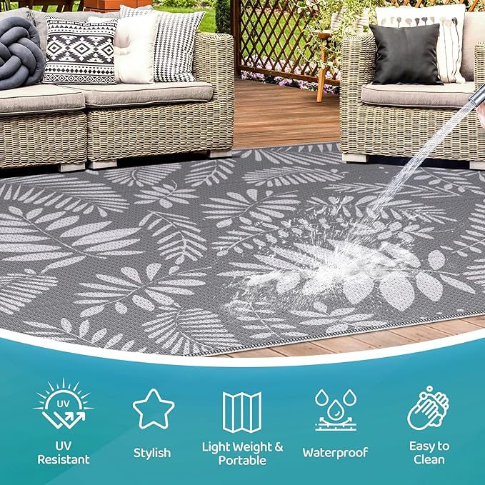 Outdoor Rug, Patio Rug, Plastic Straw Camping Rugs, Large Waterproof Area Rug and Mat for Outdoors, RV, Patio, Backyard, Deck, Porch, Beach, Balcony, (6'x 9', White&Gray)