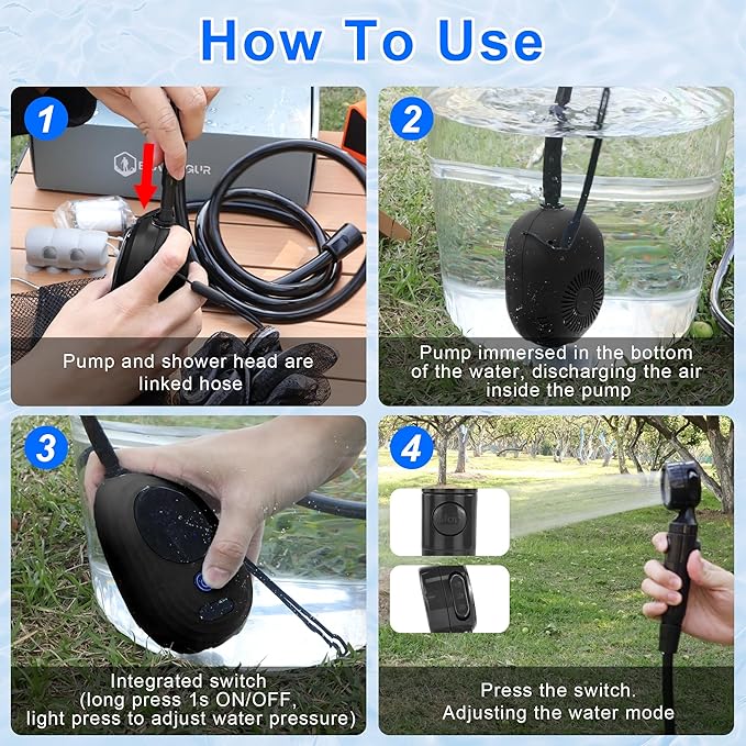 Lightweight Portable Camping Shower, 6000mAh Rechargeable Outdoor Shower Pump with 5 Pressure Modes, Filtered Shower Head, Temperature & Power Display for Hiking, Travel, Washing, Emergency