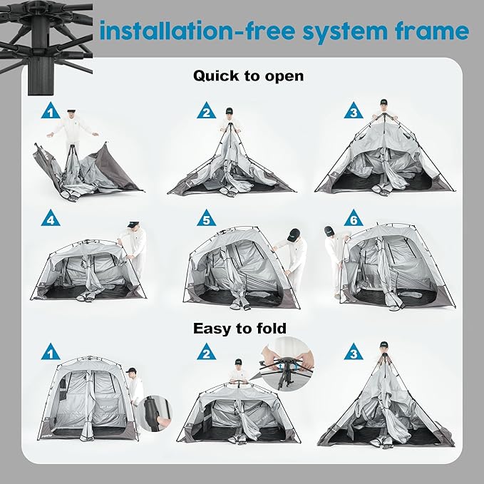 Camping Shower Tent Deluxe Changing Room Easy Set Up Privacy Shelter,Large Toilet Tent 2 Rooms with Floor Drain Design for Beach, Camping,Hiking with Stakes and Ropes for Stability