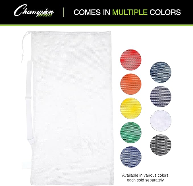 Champion Sports Mesh Equipment Bag – Heavy-Duty Nylon Drawstring Bag with Lock & ID Tag, Breathable Storage Sack for Balls, Swim Gear, Laundry & Toys, Multiple Sizes & Colors