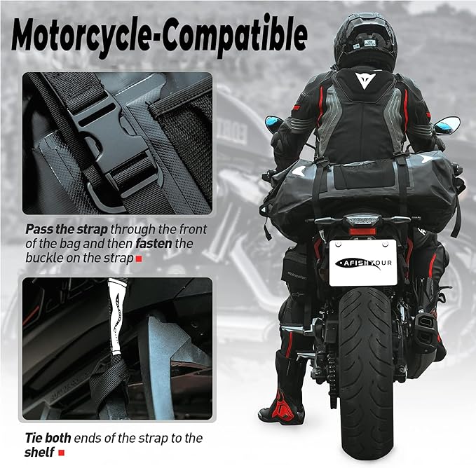 65L Waterproof Duffel Bag for Men and Women - Large Motorcycle Duffle Bag with Straps for Back Seat - Roll Top Dry Bag for Kayaking, Rafting, Boating, Swimming, Beach