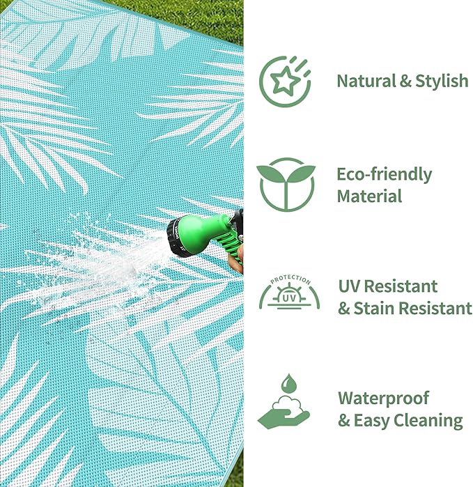 GENIMO Outdoor Rug 10' x 14' Waterproof for Patios Clearance, Reversible Outdoor Plastic Straw Camping Rug Carpet, Large Area Rugs Mats for RV, Camper, Deck, Balcony, Porch, Beach, Aqua Blue&White