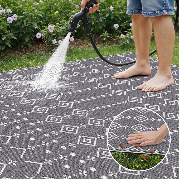 StepRite 4’ x 6’ Reversible Outdoor Rug, Waterproof Plastic Straw Rug, Patio Rug, Large Modern Area Rug Carpet, Indoor Outdoor Rugs for Camping, Porch, Deck, Balcony, Backyard, RV, Picnic(Grey)