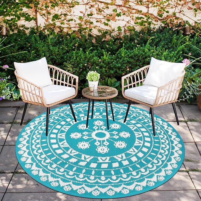 Capslpad 5Ft Round Outdoor Rug for Patio Reversible Mat Waterproof Plastic Straw Rug Boho Circle Indoor Outside Area Rug for RV Camping Picnic Pool Tent Balcony Beach Deck Doormats Decor, Teal