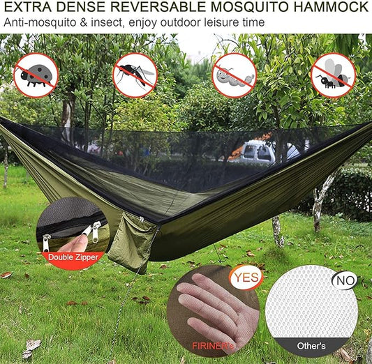 Camping Hammock with Rain Fly Tarp and Mosquito Net Tent Tree Straps, Portable Single Double Nylon Parachute Hammock Rainfly Set for Backpacking Hiking Travel Yard Outdoor Activities Green