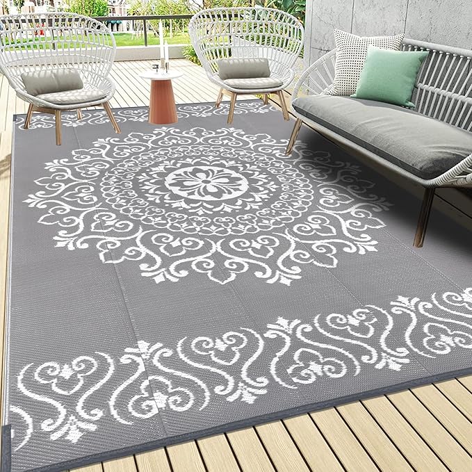 Pauwer Waterproof Outdoor Rug 6x9, Reversible Plastic Straw Patio Camping Rug, Indoor Outdoor RV Mat Carpet for Deck, Camper, Porch, Balcony, Backyard, Picnic, Floral Grey