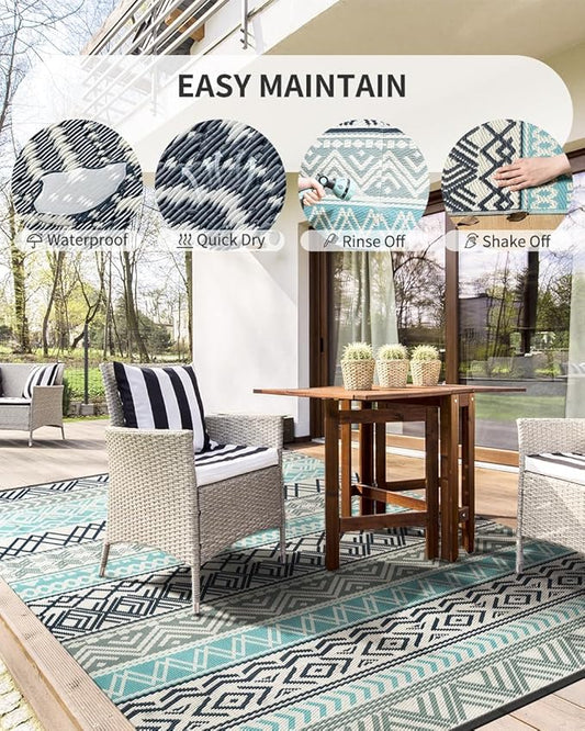 MontVoo Outdoor Rug Carpet 10x14 Waterproof-Patio Rug Mat Reversible RV Camping Rug Picnic Mat Plastic Straw Outside Rug for Balcony Porch Deck Beach-Boho Outdoor Area Rug for Patio Decor Colorful