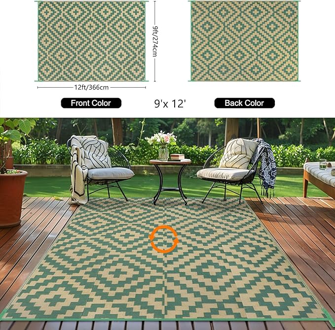 Outdoor Patio Plastic Straw Rug - 9'x12' Outdoor Camping Rug Waterproof Reversible, Area Carpet Patios Clearance RV, Outside Porch Balcony Deck for Camper, Green & Yellow