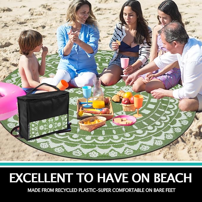 Capslpad 8Ft Round Outdoor Rug for Patios Clearance Reversible Mat Plastic Straw Patio Rugs Lightweight RV Camping Mat Circle Outside Area Rug Carpet for Balcony Deck Trailer Picnic BBQ,Green