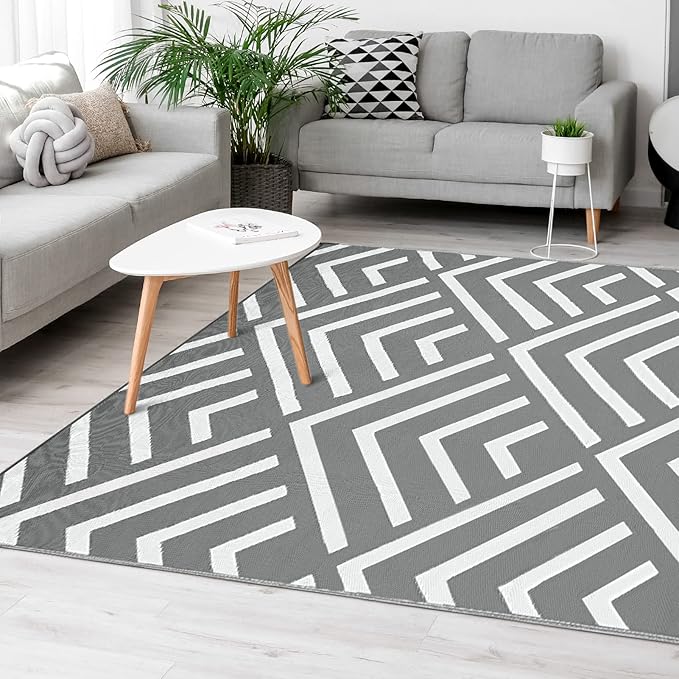 Kohree RV Outdoor Rug 9x12 Reversible, Waterproof Patio Mat with 4 Stakes & UV Fade Resistant, Non-Slip Outdoor Camping Mat for Deck, Picnic, Backyard, Includes Carry Bag (Grey & White)