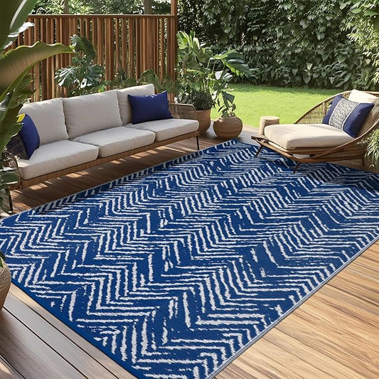 Outdoor Patio Rug 5x8 Navy Blue, Waterproof Reversible Outdoor Plastic Straw Rugs RV Camping Mat UV-Resistant Outside Carpet Portable Area Mats for Garden Balcony Deck Picnic Beach