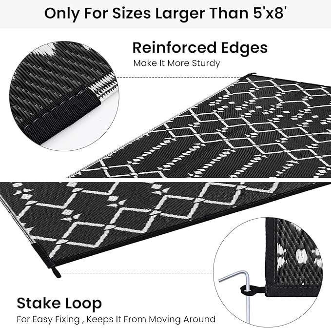 Smiry Outdoor Rug 9x12 ft, Waterproof Reversible Plastic Straw Rugs, Boho Outdoor Area Rug, Outside Floor Mat for Patio, Backyard, Deck, Picnic, Beach, Camping, Black
