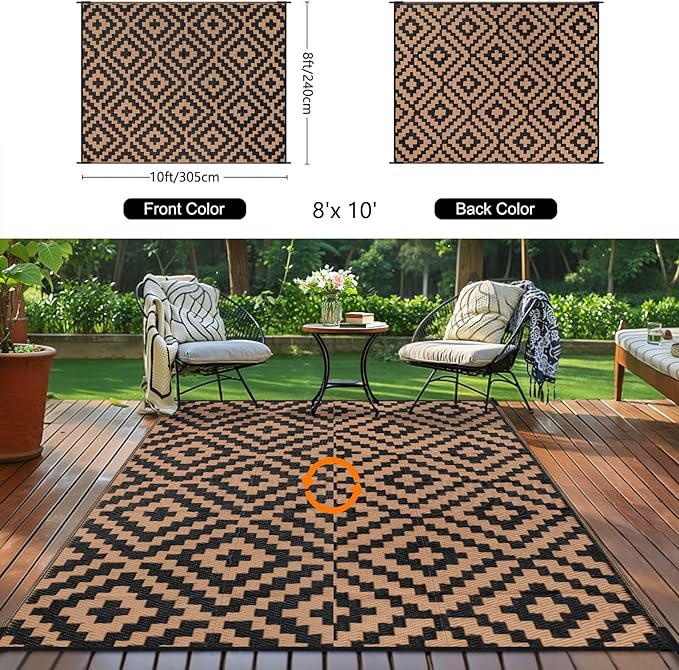 Outdoor Patio Plastic Straw Rug - 8'x10' Outdoor Camping Rug Waterproof Reversible, Area Carpet Patios Clearance RV, Outside Porch Balcony Deck for Camper, Black & Brown