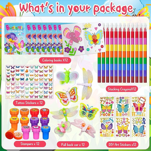 72 Pcs Butterfly Coloring Book Party Favors,Spring Butterfly Insects Party Goodie Bags Fillers,Butterfly Birthday Party Games Craft DIY Kit Face Stickers Tattoo for Circus Fairy Pinatas (Butterfly)