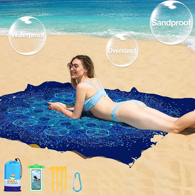 BYDOLL Beach Blanket 78''X81'' 4-7 Adults Oversized Lightweight Waterproof Sandproof Blanket for Beach Large Picnic Mat Travel Camping
