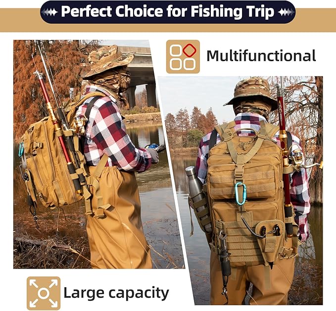45l Large Fishing Tackle Backpack with Removable Plier Holder & Rod Holders, Khaki Tactical Bag, Fishing Gear and Tackle Box Organizer, Hiking Rucksack without Tackle Box