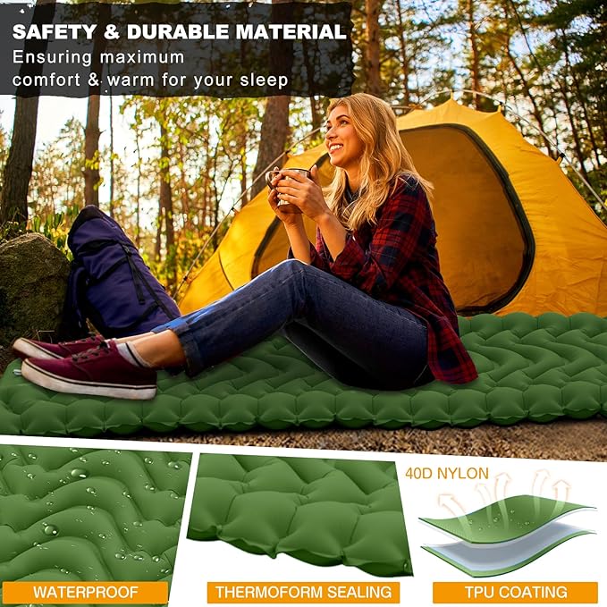 MEETPEAK Camping Sleeping Pad with Pillow, Upgraded 4 Inch Thickness Inflatable Foot Press Camping Mat, Durable Waterproof Lightweight Sleeping Air Mattress for Hiking Backpacking Traveling