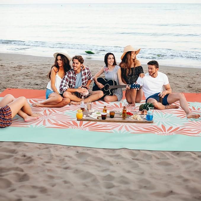 Mooreeke Beach Blanket Extra Large Oversized 9 x 10 ft, Colorful Flowers Sandproof Waterproof Quick Drying Lightweight Compact Outdoor Blanket Beach Mat for Family Travel Camping Picnic, 1-8 Adults