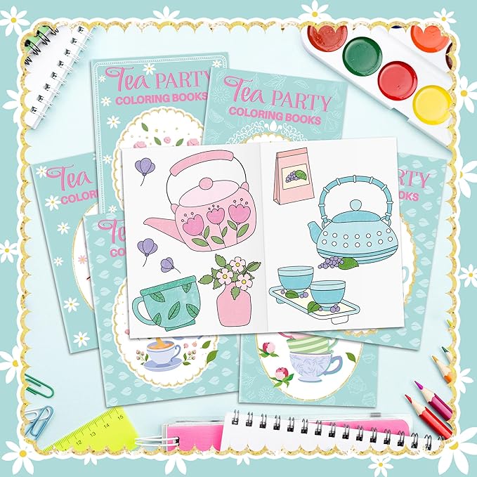 Tea Party Coloring Books for Kids 24Pcs Bulk Tea Time Themed Mini Coloring Booklet DIY Art Drawing Book with Teapots Cups for Toddlers Kids Classroom Birthday Party Favors Goodie Bag Filler