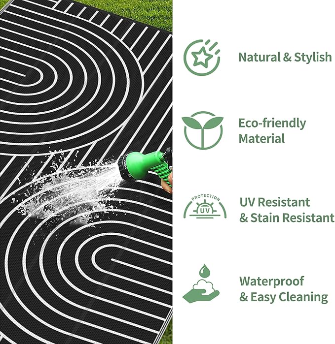 GENIMO Outdoor Rug 6'x9' Patio Waterproof, Lightweight Outdoor Plastic Straw Rug Clearance, Reversible Camping Mat Outdoor Carpet for RV, Picnic, Backyard, Deck, Balcony, Porch, Black & White